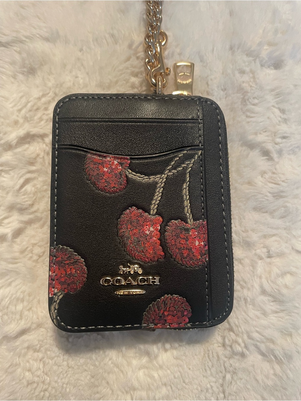 COACH Black Leather Zip Wallet with Red Cherry Print and Gold Chain